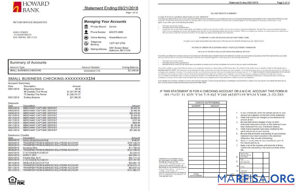 Downloadable USA Maryland Howard Business bank statement word (4 pages) sample